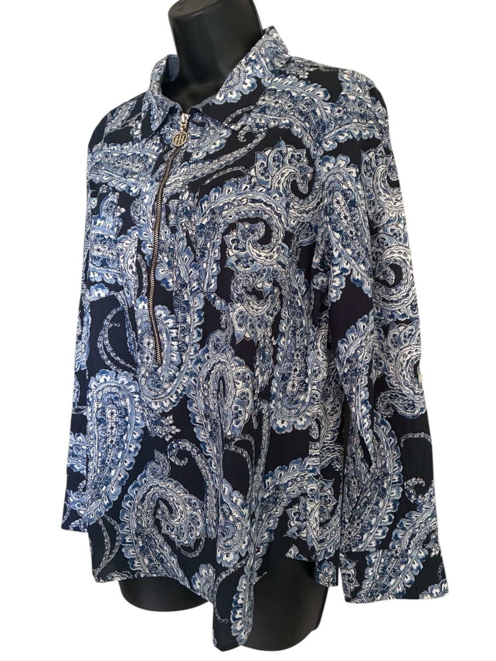 Tommy Hilfiger Office Wear Professional Navy White Paisley Zip-Front Shirt Sz M - Picture 4 of 8